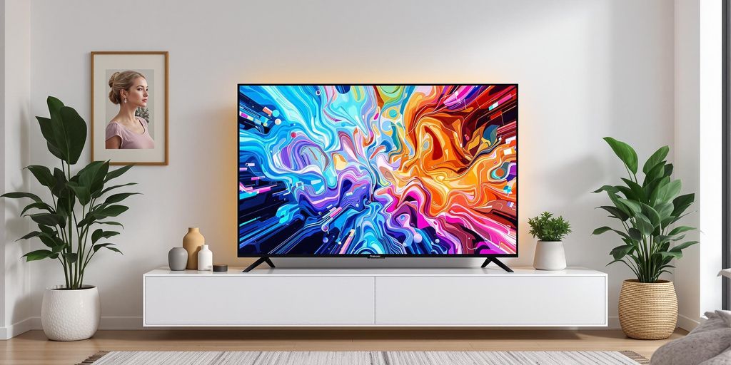 Moderner Fernseher in stilvollem Wohnzimmer mit lebendigen Bildern.