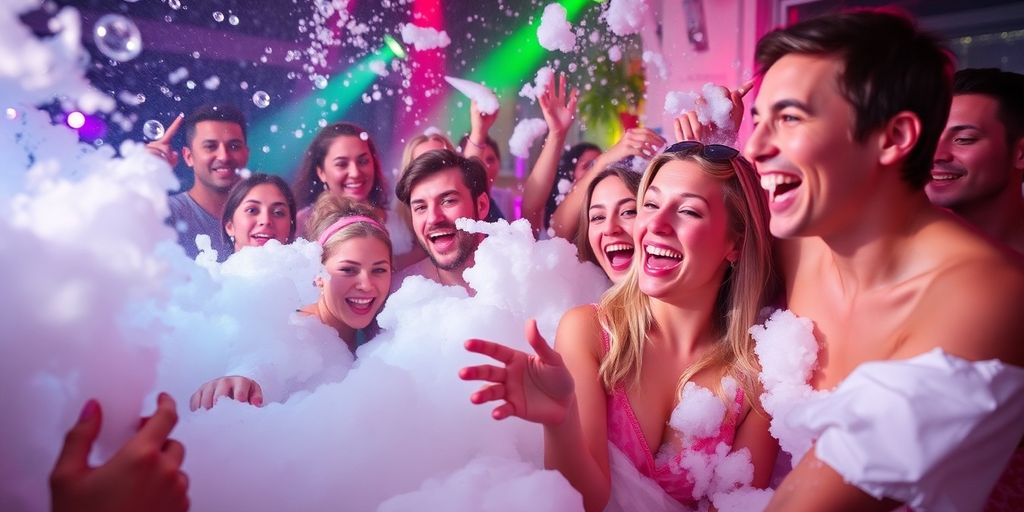 People enjoying a foam party with bubbles and laughter.