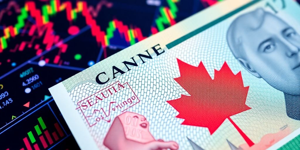 Dinheiro canadense em foco com elementos financeiros ao fundo.