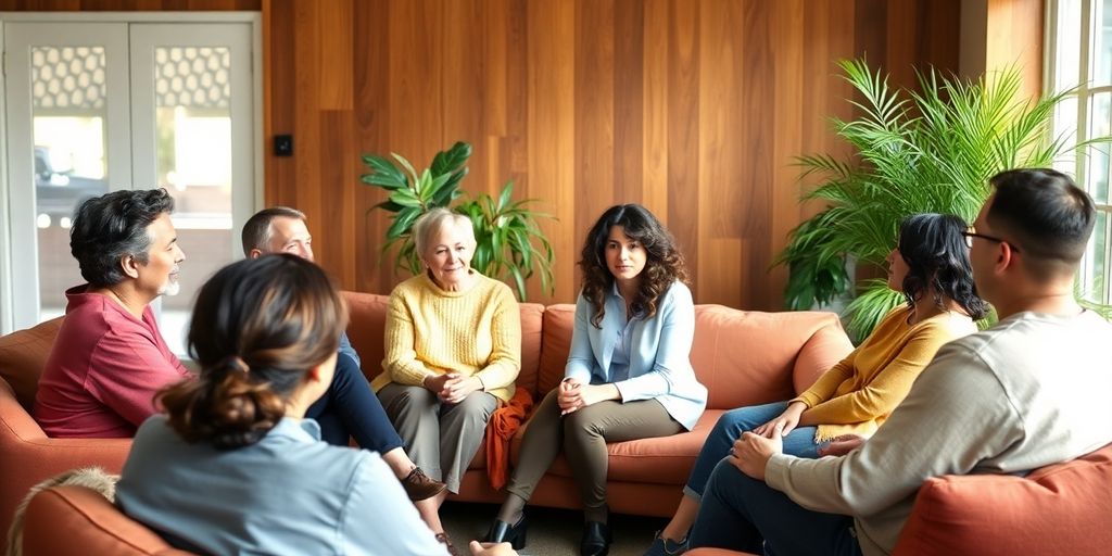 Group therapy session, diverse people, therapist leading.