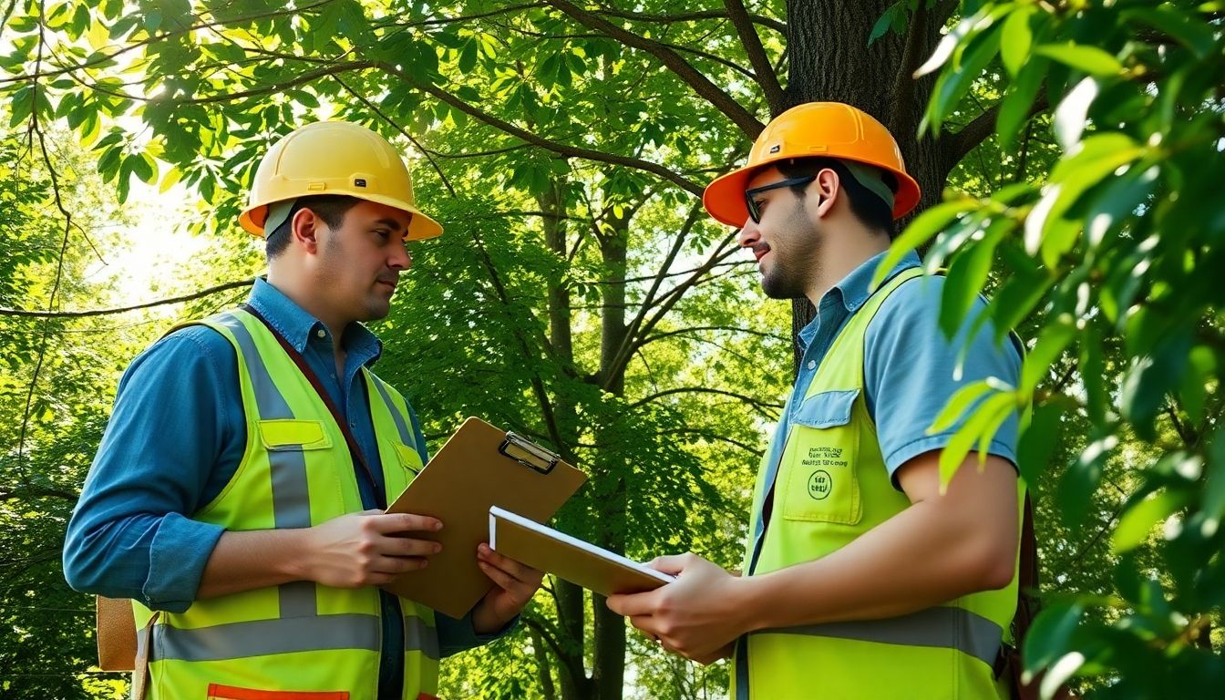 Certified arborist assessing tree health in a green setting.