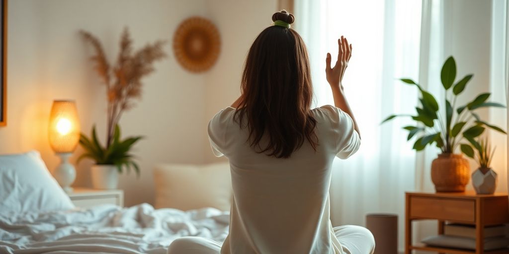 Person practicing qigong in a tranquil bedroom setting.