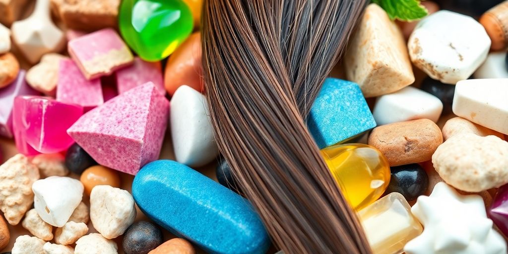 Mineraler og vitaminer for hårvekst i nært bilde.