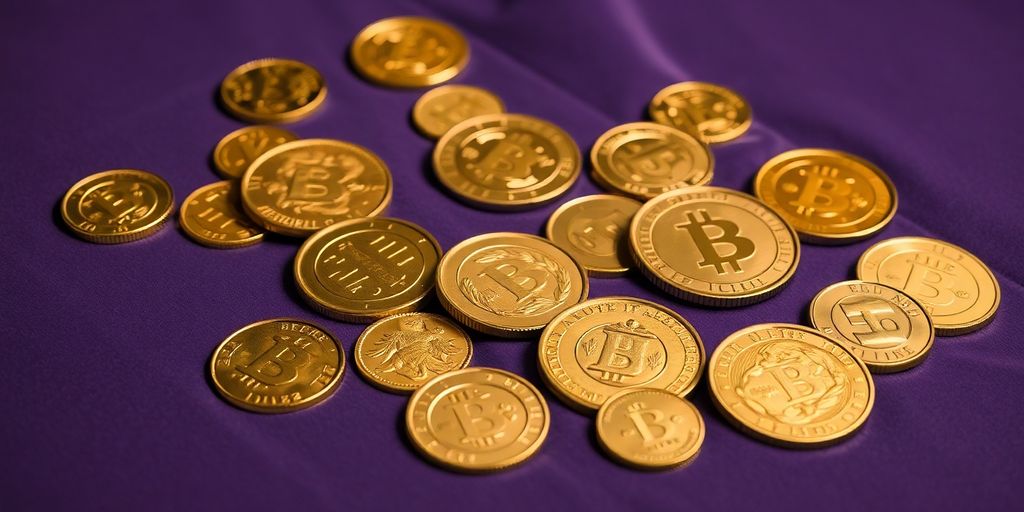 Collection de pièces d'or sur un tissu en velours.