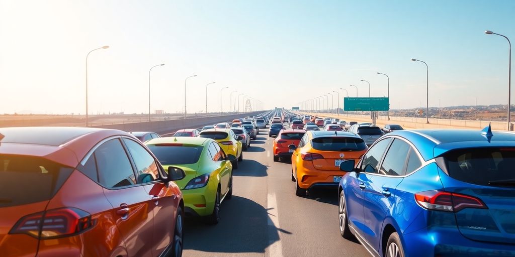 Electric cars driving on a road.