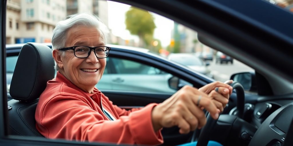 Senior ride-sharing driver smiling in city environment.