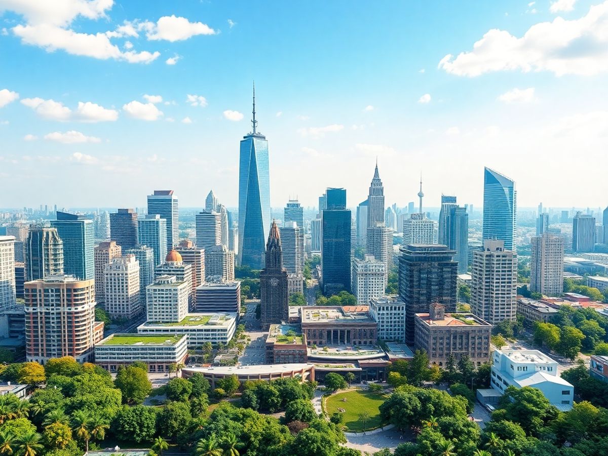 Orizont de oraș cu clădiri moderne și spații verzi.