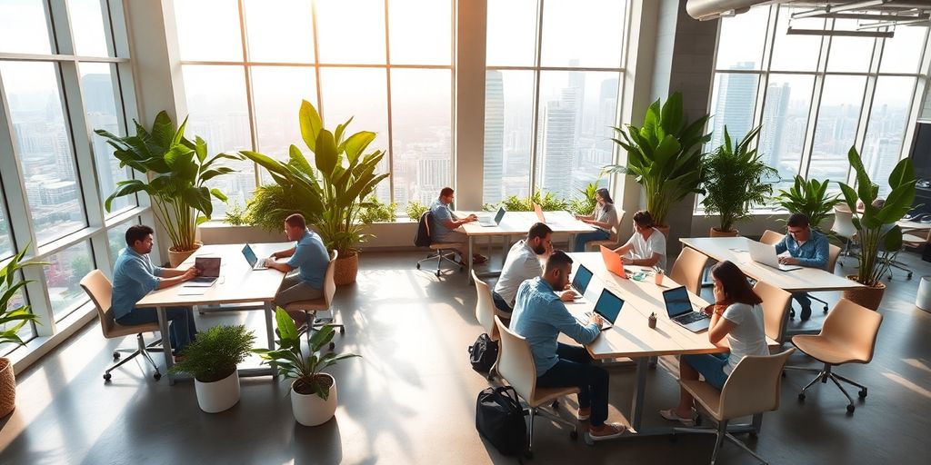 Modern coworking space, people working, Kuala Lumpur skyline.