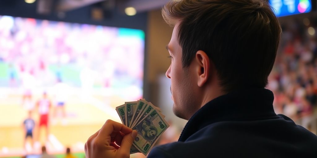 Man calmly watching sports, holding a few bills.