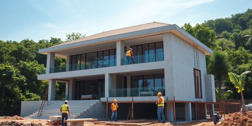 Phuket villa construction with workers and greenery.