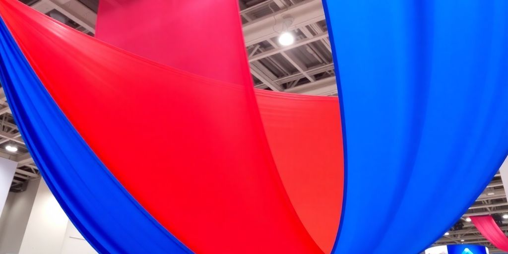 Well-lit tension fabric display, diverse colors