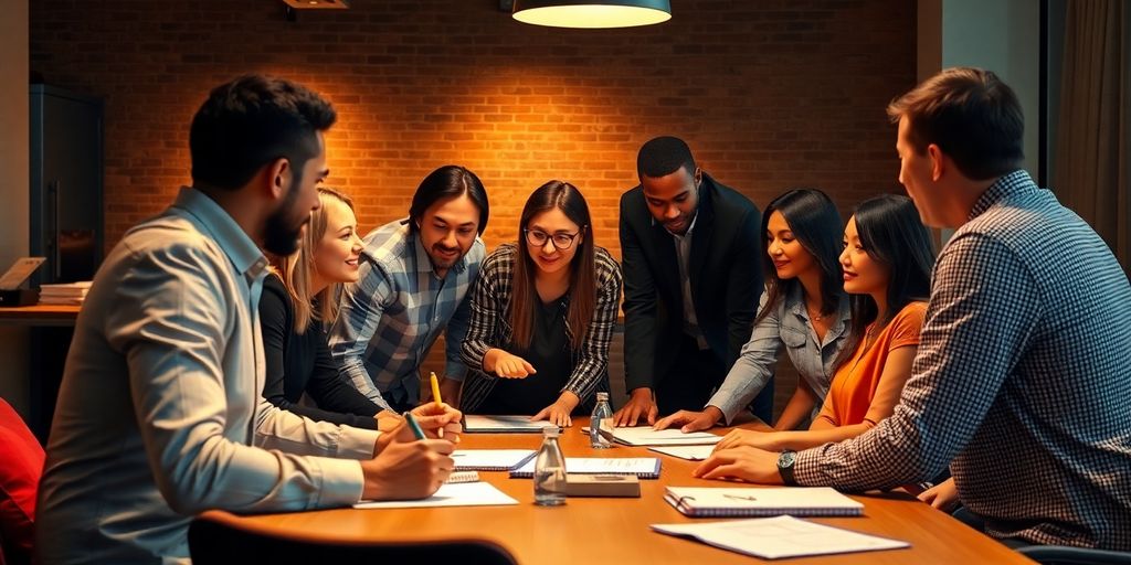 Team members collaborating around a table.