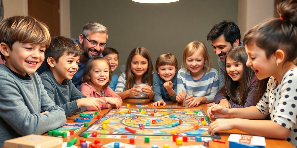 Familie spielt ein Brettspiel an einem Tisch.