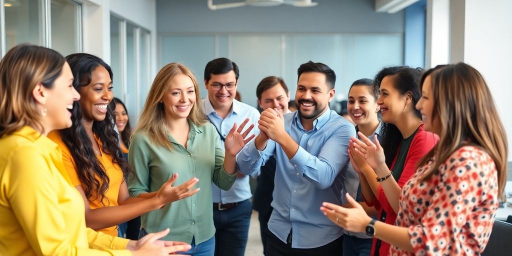 Colleagues participating in a team-building activity, smiling and engaged.