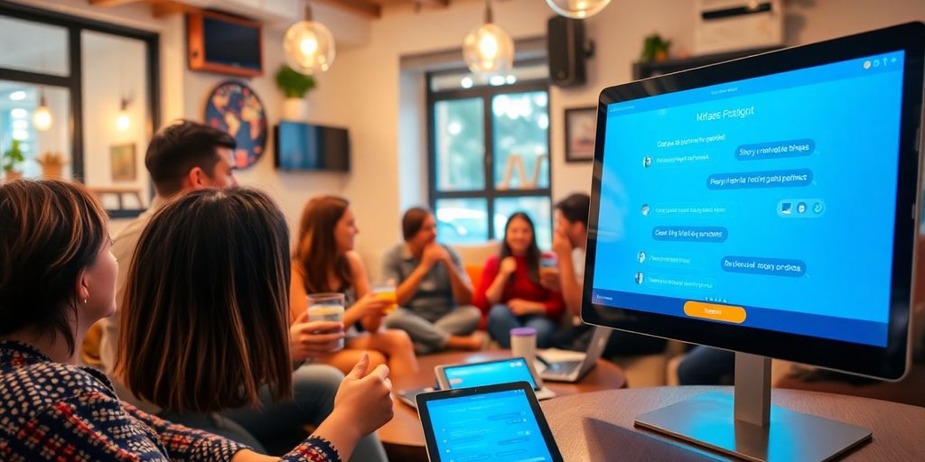 Raznovrsni putnici razgovaraju u udobnom hostelu.