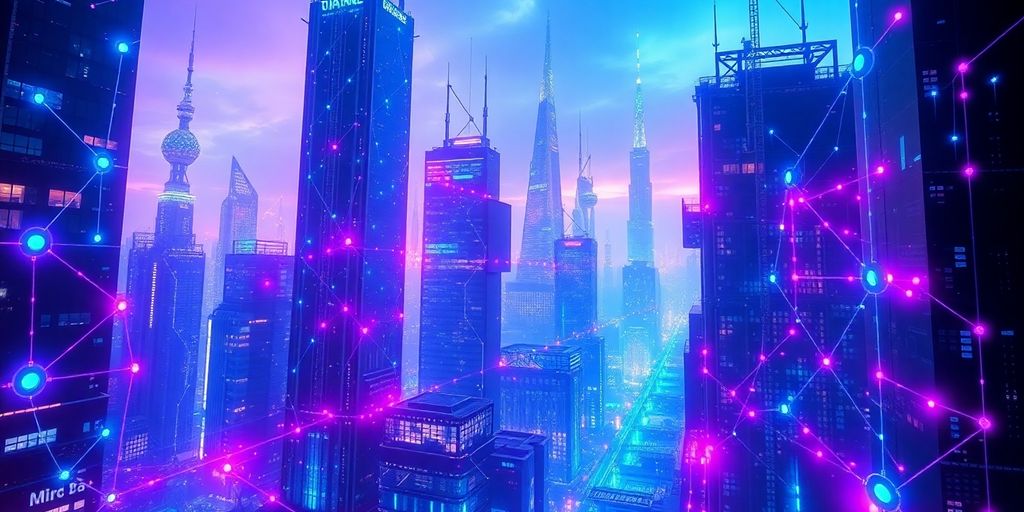 Futuristic city with glowing digital connections.