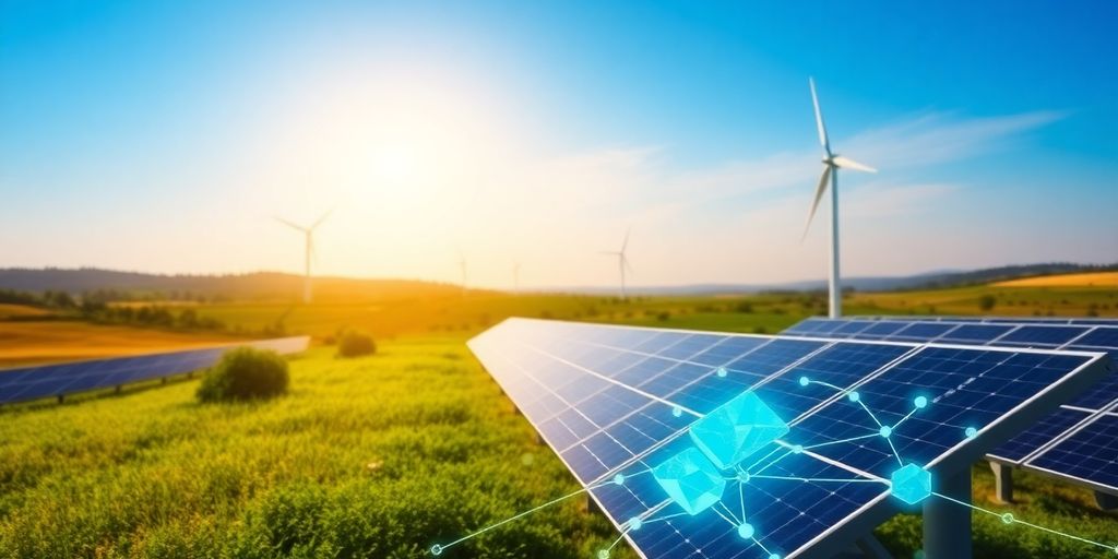 Is O2T Crypto the Future of Eco-Friendly Blockchain? 3 Solar panels and wind turbines with blockchain elements.
