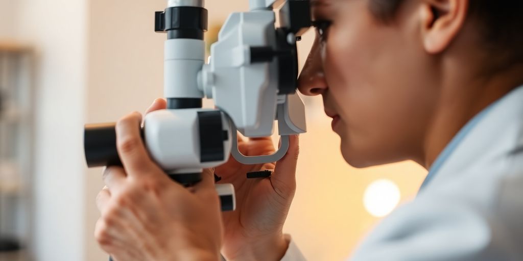 Optometrist associate examining patient's eye.