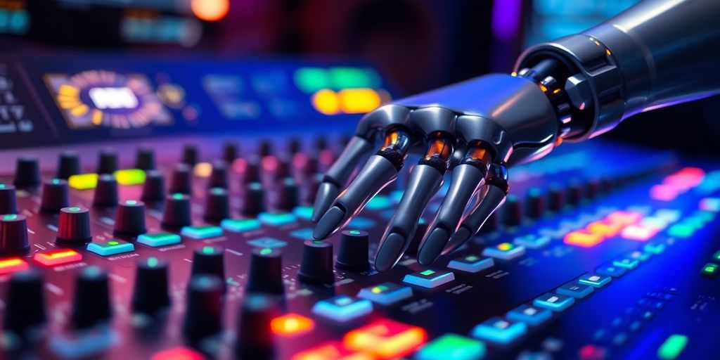 Robotic hand mixing music on a futuristic console.