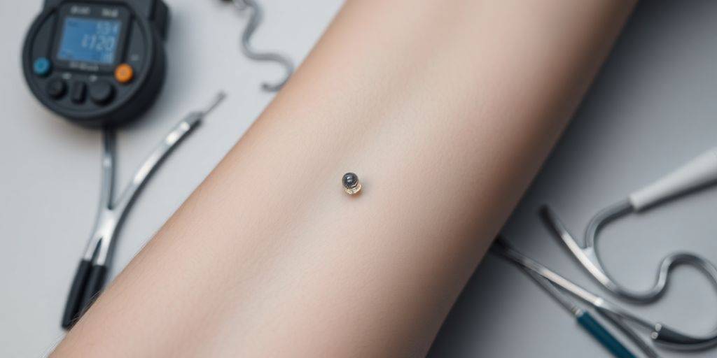 Implante hormonal masculino visível no braço.