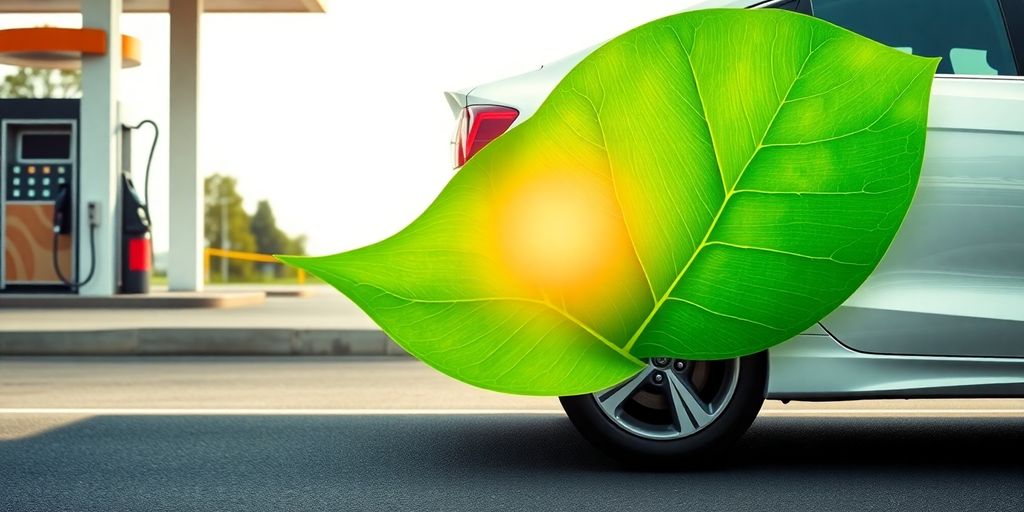 Car driving past a gas station with a green leaf.