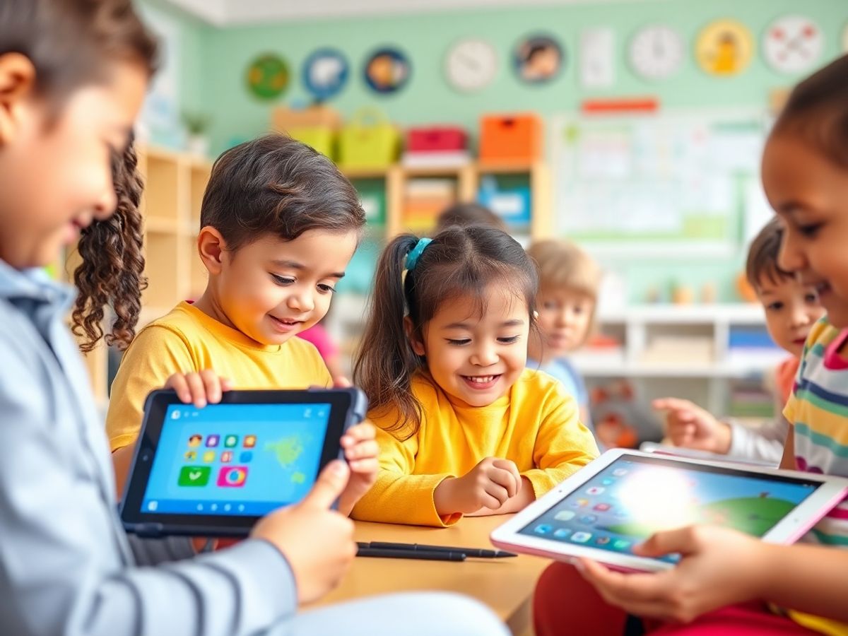 Copii învățând cu tablete în clasă, utilizând tehnologia.