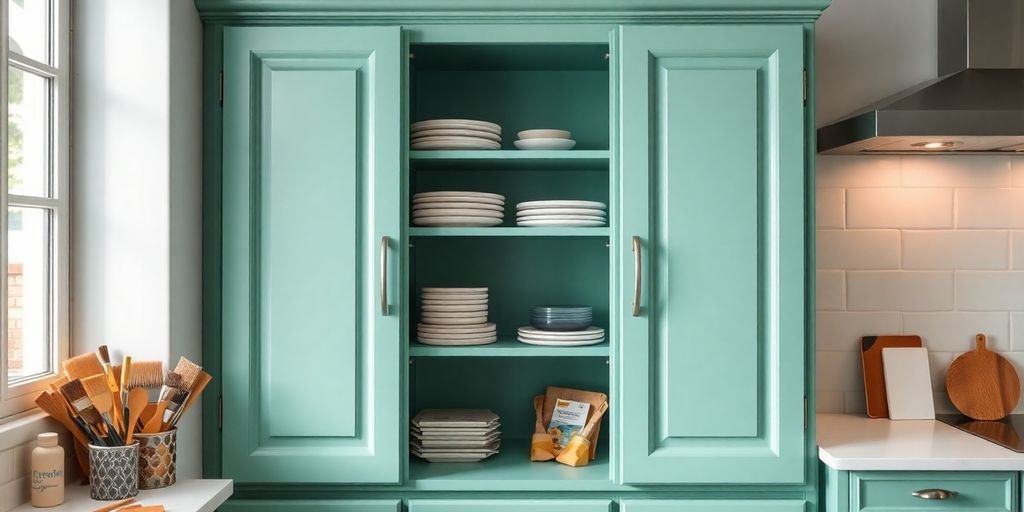 Colorful cabinet paint samples and brushes on a countertop.