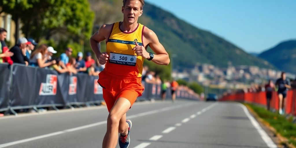 Runner sprinting on a marathon route with spectators.