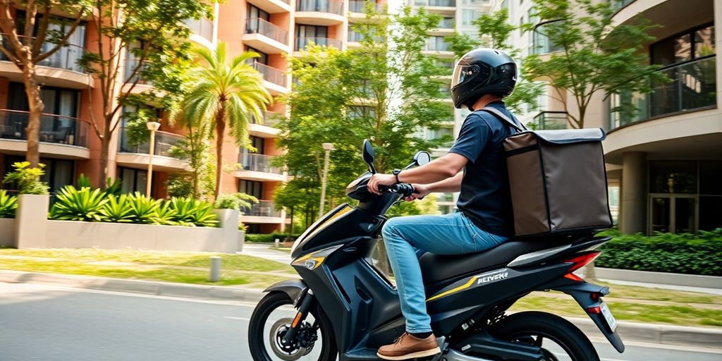 Motoboy em condomínio moderno com moto e capacete.