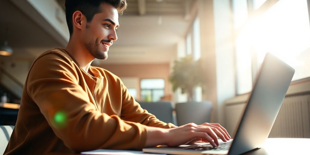 Person learning online with laptop and achieving success.