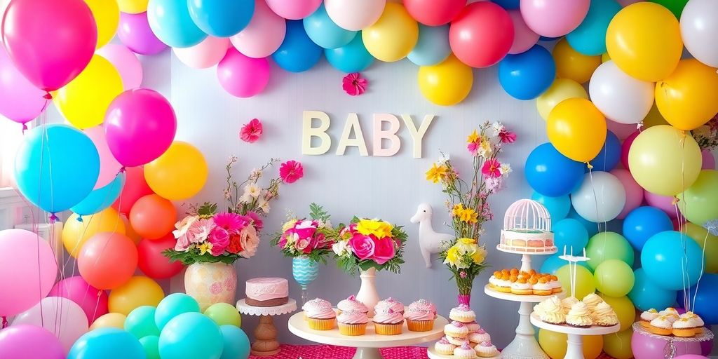 Creative baby shower decorations and sweet treats.