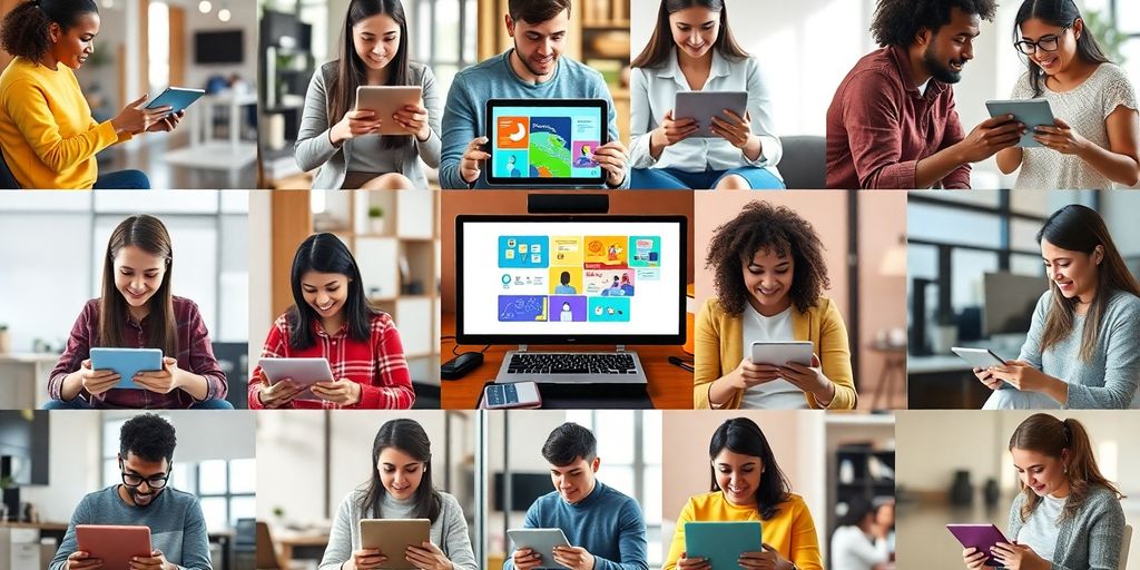 Diverse learners engaging with digital devices in education.