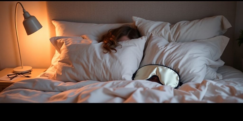 Cozy bedroom with bed and silk sleep mask.