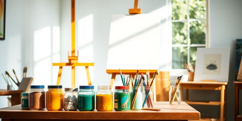 Painter's studio with easel, paints, and brushes.