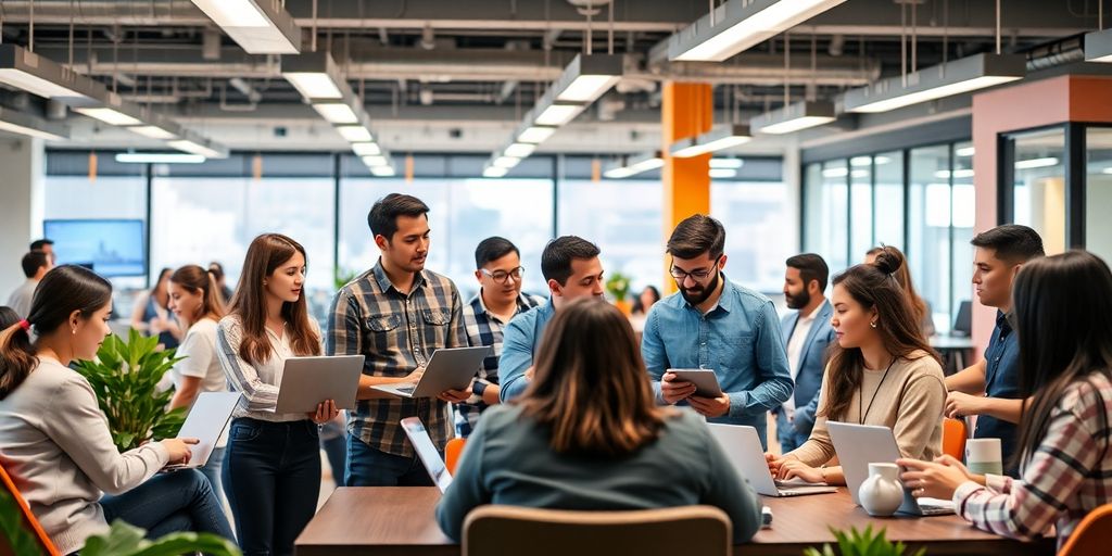 Diverse team collaborating in a modern office space.
