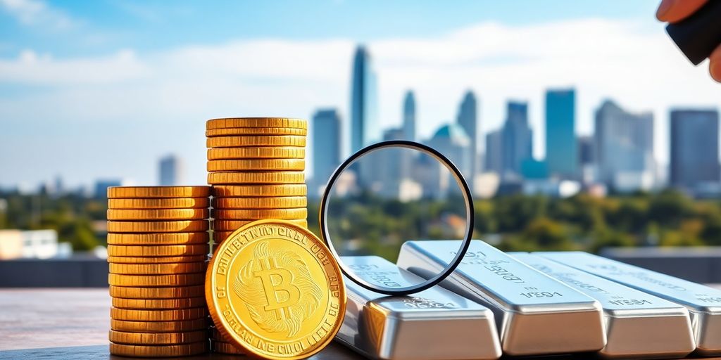 Gold coins, silver bars, Dallas skyline, magnifying glass.