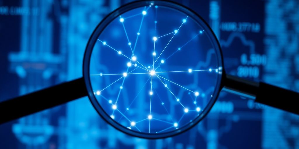 Magnifying glass over data, vibrant digital connections.