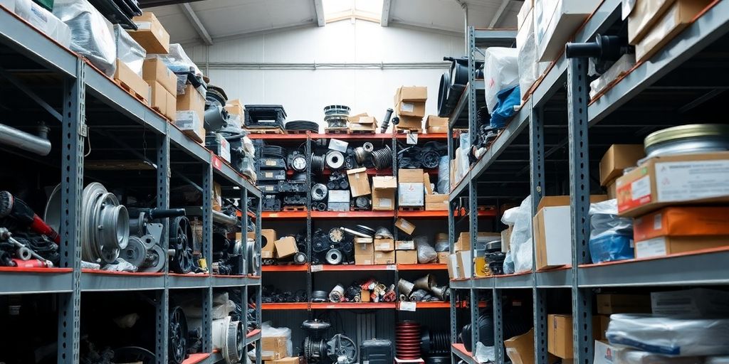 Mitsubishi car parts neatly arranged in a warehouse.