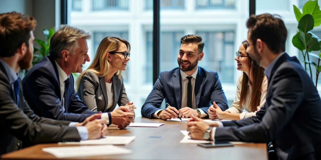 Reunión de negocios con equipo corporativo diverso