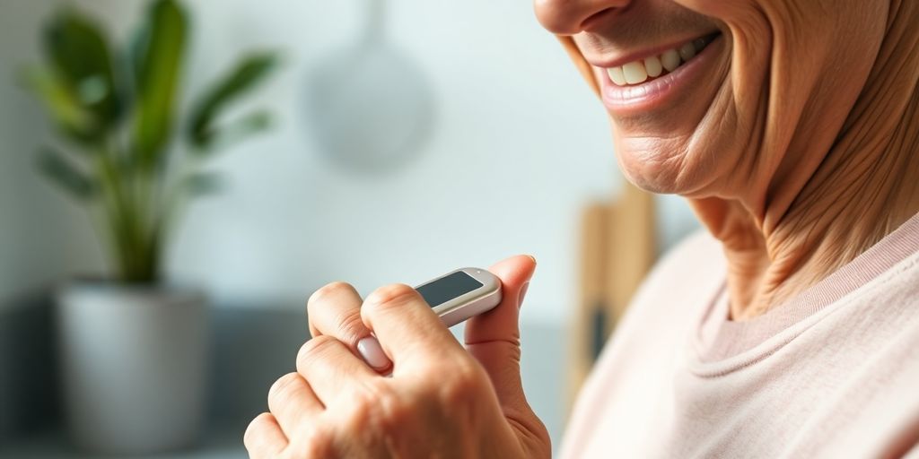 Middle-aged adult’s hand holding sleek blood sugar monitor near fingertip.