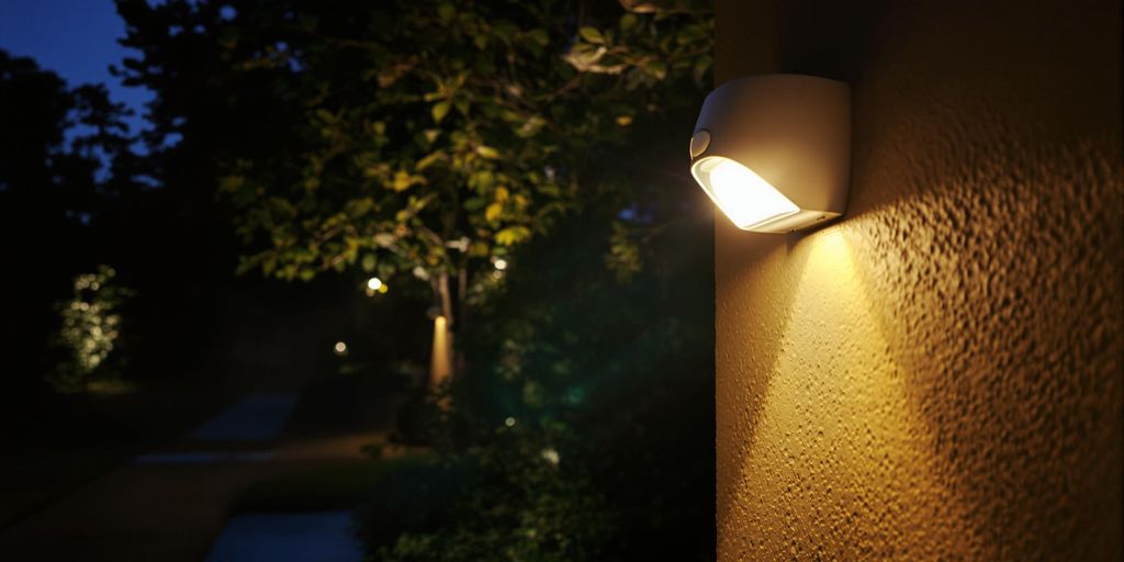 Motion sensor light illuminating a garden path at night.