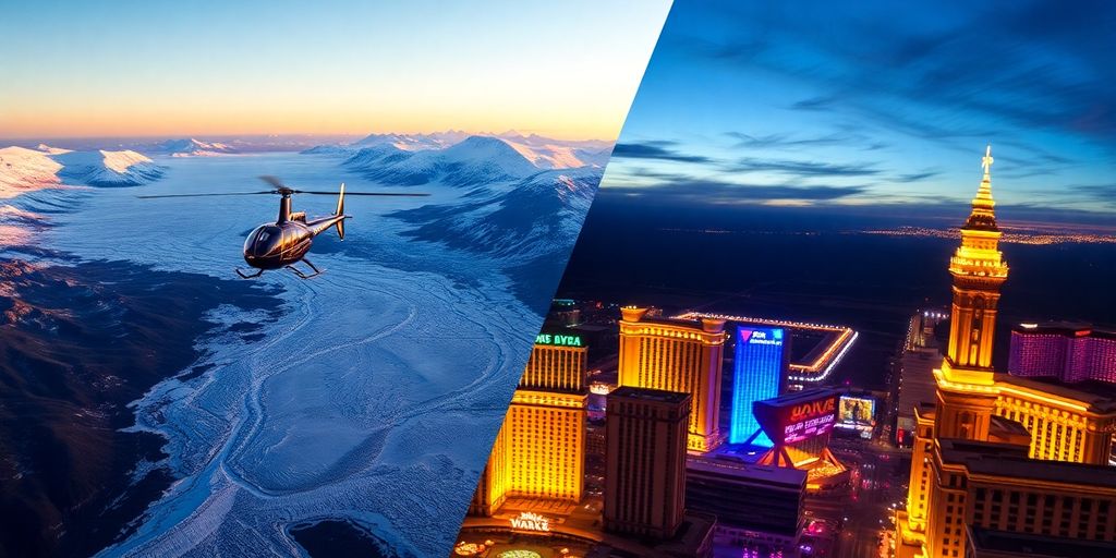 A helicopter over an Alaska glacier next to Las Vegas.