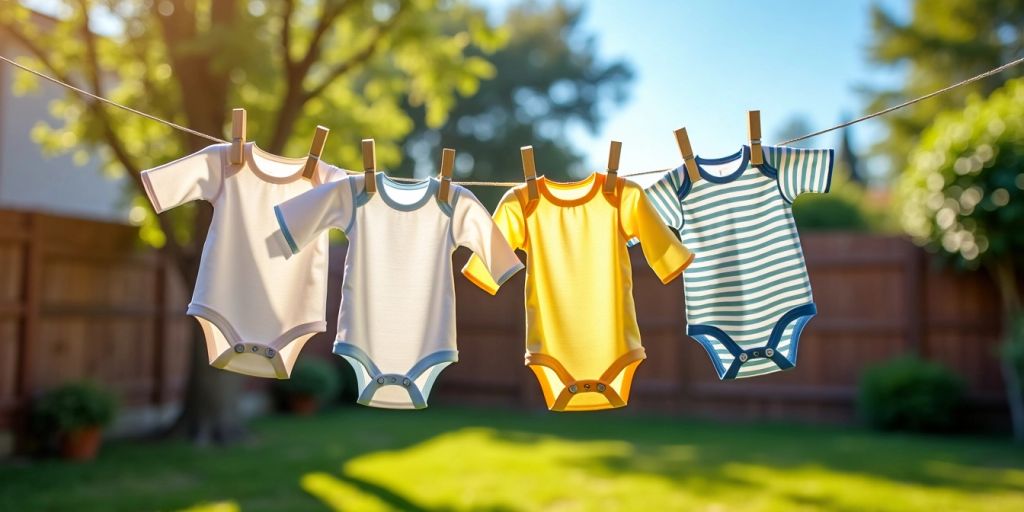 Baby clothes drying on a clothesline outdoors.