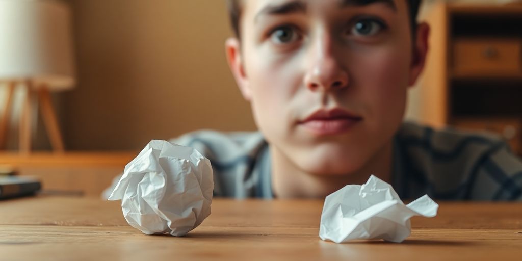 Thoughtful person with crumpled paper ball on desk.