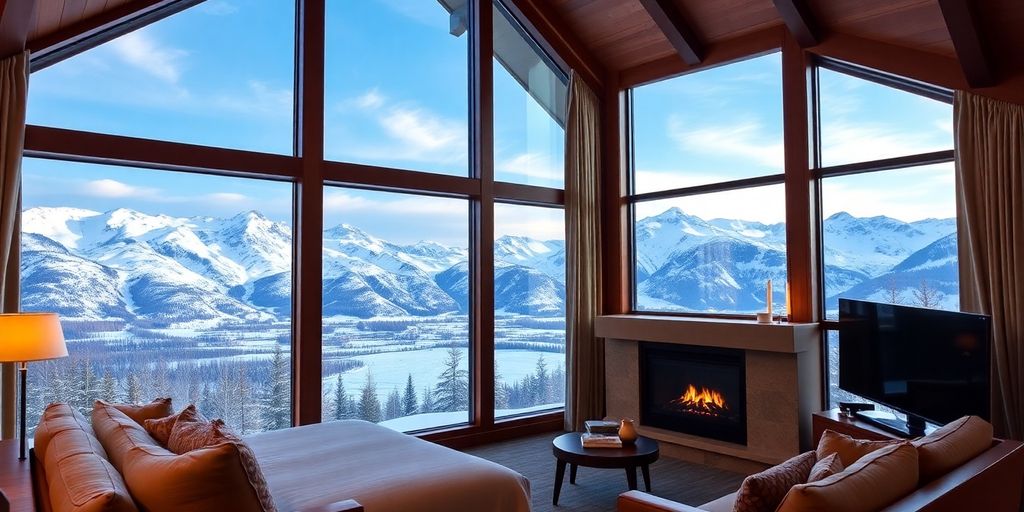 Luxurious Girdwood hotel room with a view of snowy mountains.