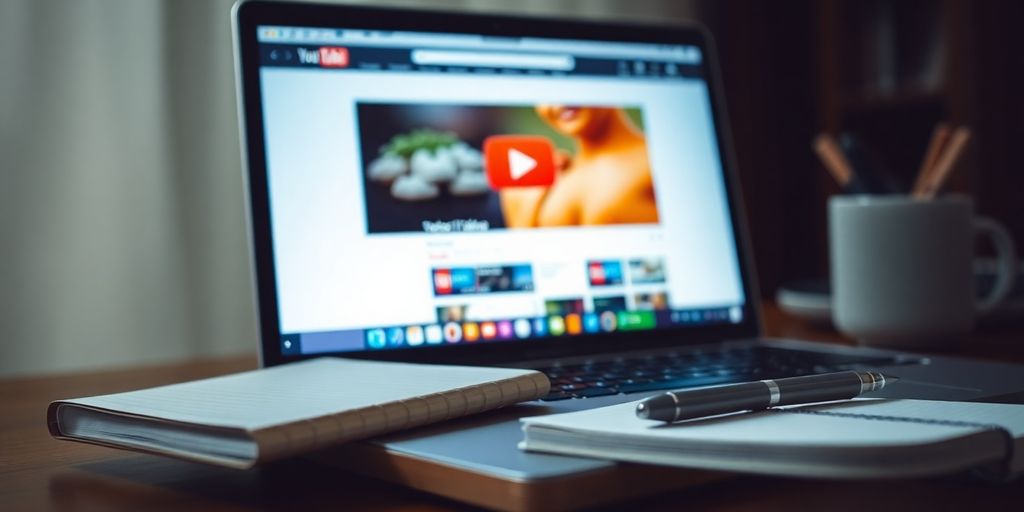 Laptop with YouTube video and note-taking materials.