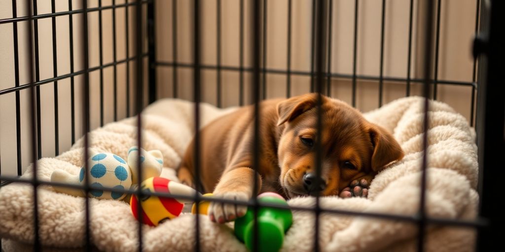 A puppy resting in a cozy crate with toys.