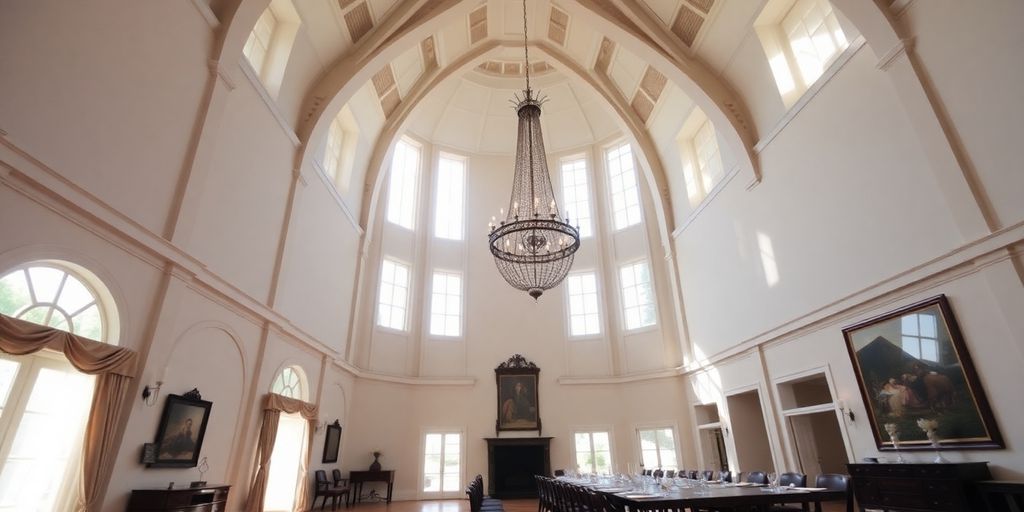 Dining room with chandelier, vaulted ceiling, and large windows.