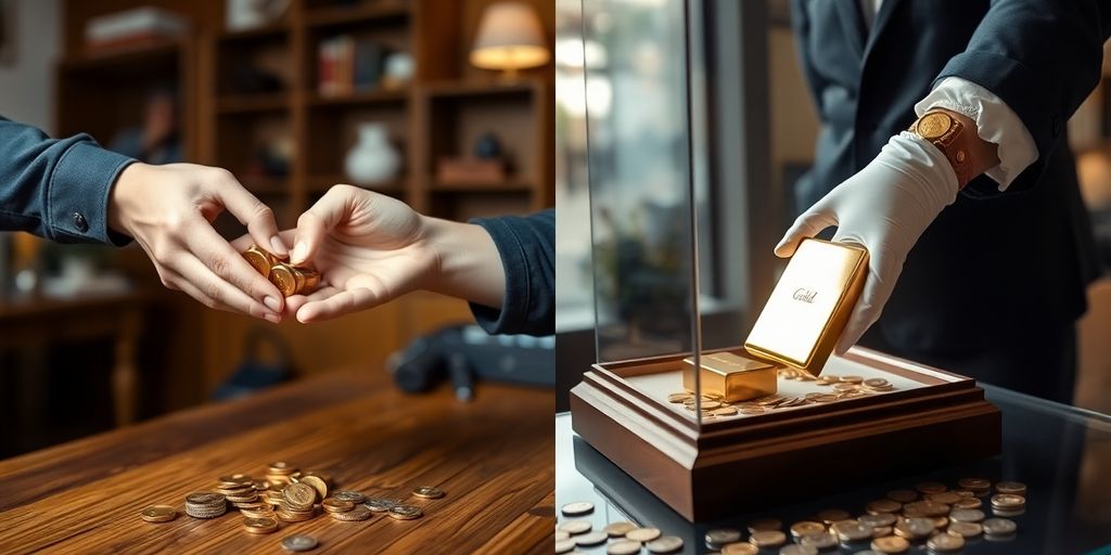 Deux mains échangeant des pièces d'or devant un comptoir bijoutier.