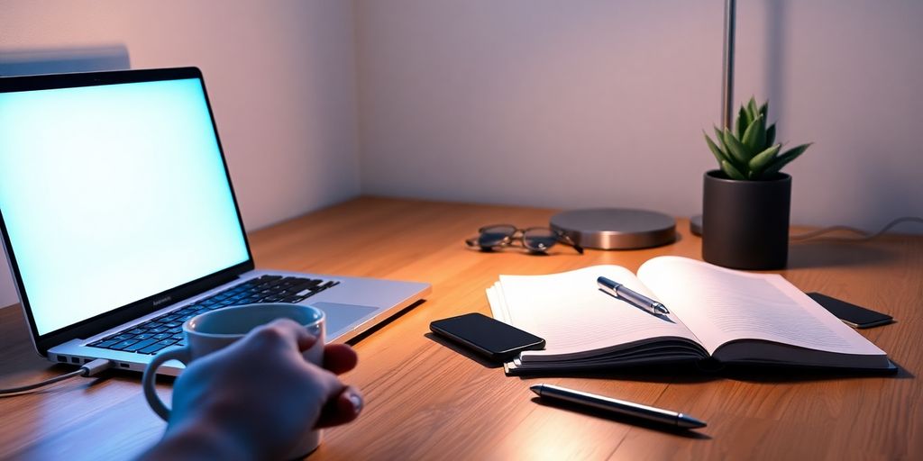 Photographic workspace with laptop, hand poised, lamp, coffee, notebook, succulent